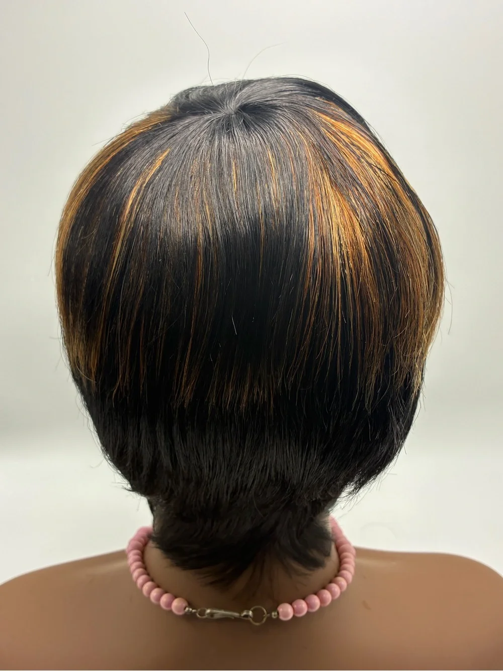 Short Black Wig with Golden Highlights - Stylish Women's Hair.  Human Hair